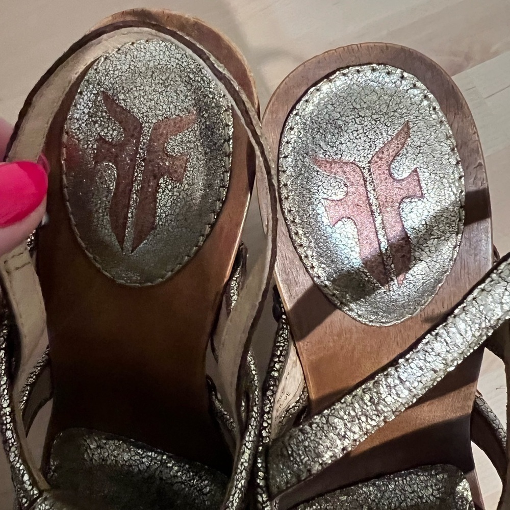 Frye Metallic Gold Braided Leather High Heel Sandals - Picture 6 of 8